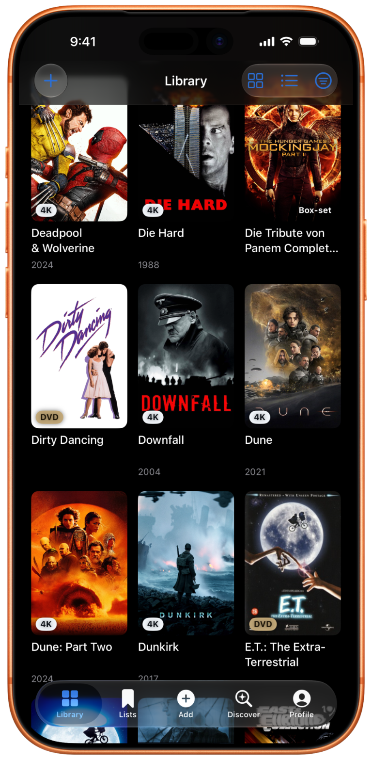 DiscVault library on an iPhone with 4K UHD, Blu-ray and DVD titles